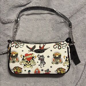 Ed Hardy White Shoulder Bag with Tattoo Print